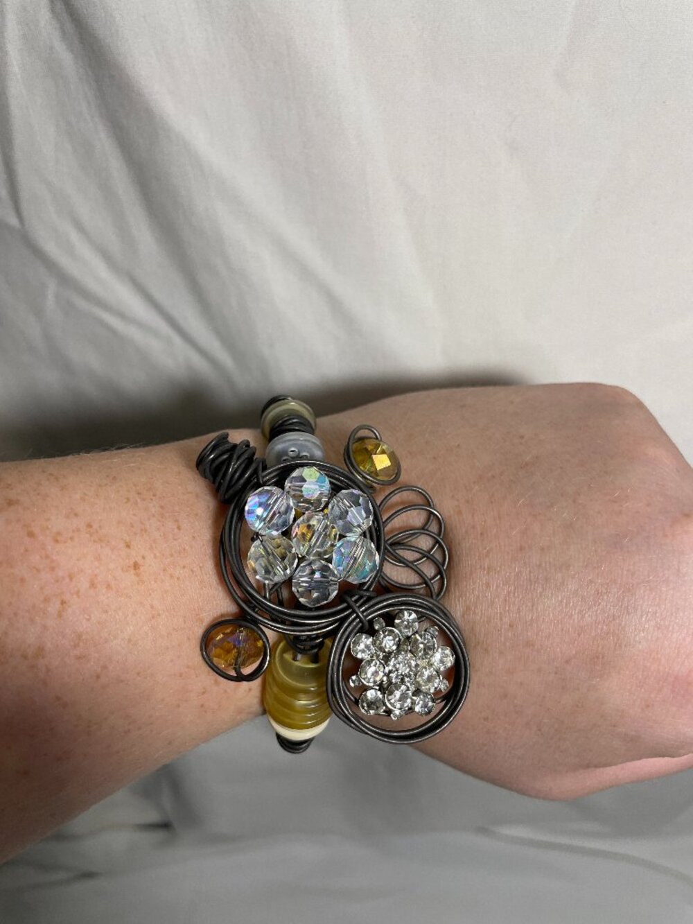 Artisan Wire Cuff Bracelet Crystal Rhinestone Beaded Statement Jewelry